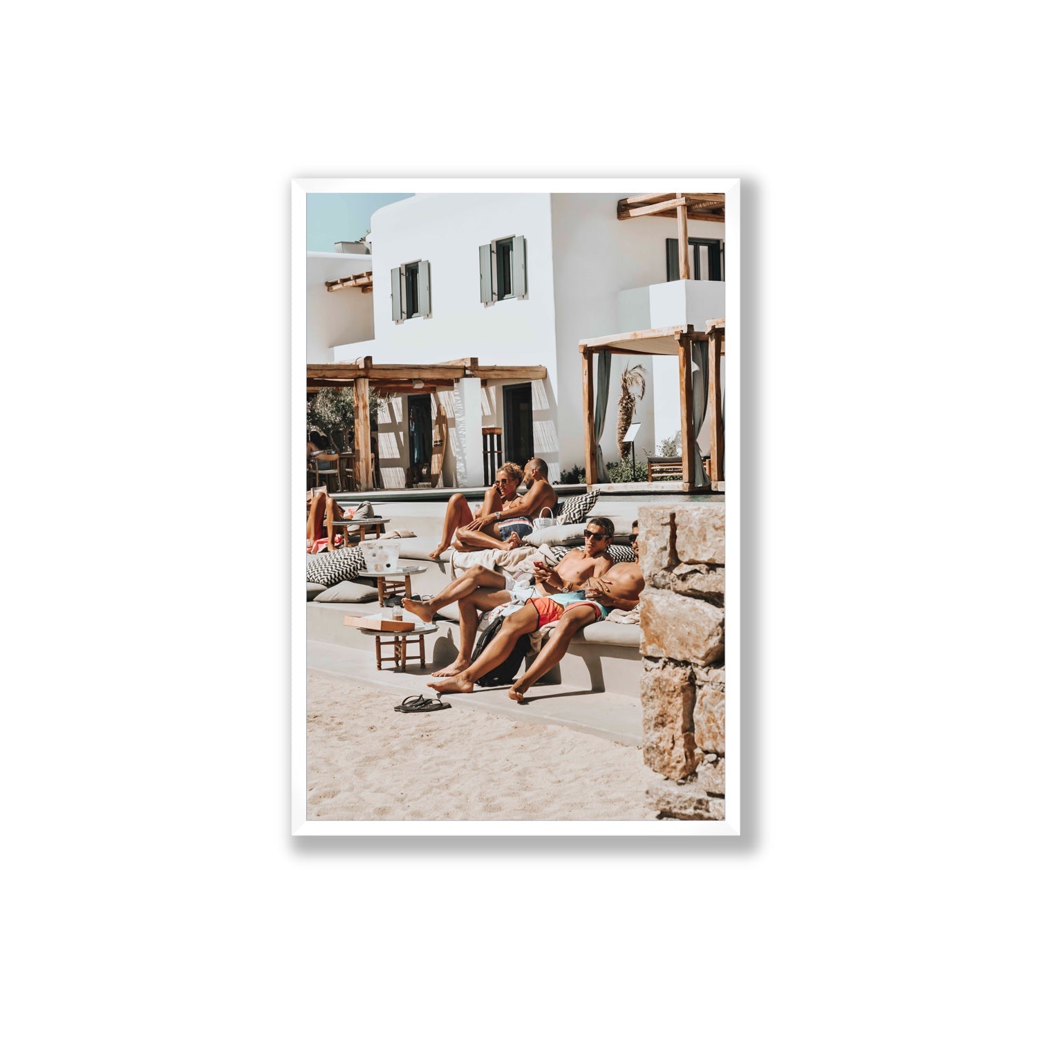 Style That Sizzles Mykonos Greek island wall art Extra Large full-bleed fine art print in white frame