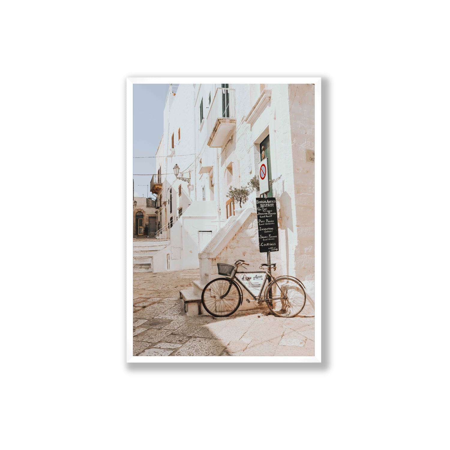 La Bicicletta Puglia Ostuni wall art Extra Large full-bleed fine art print in white frame