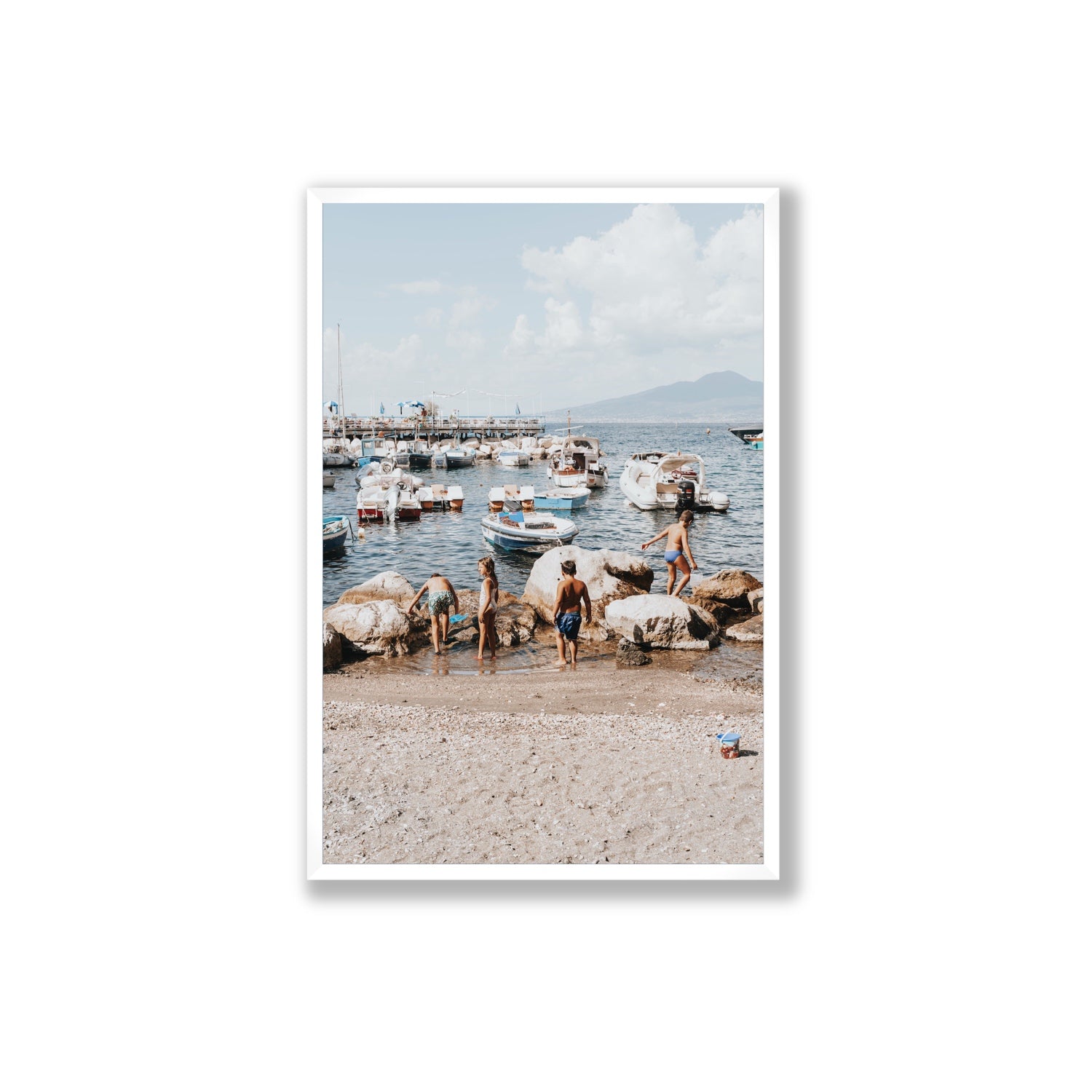 Searching For Treasures Sorrento coastal wall art Extra Large full-bleed fine art print in white frame