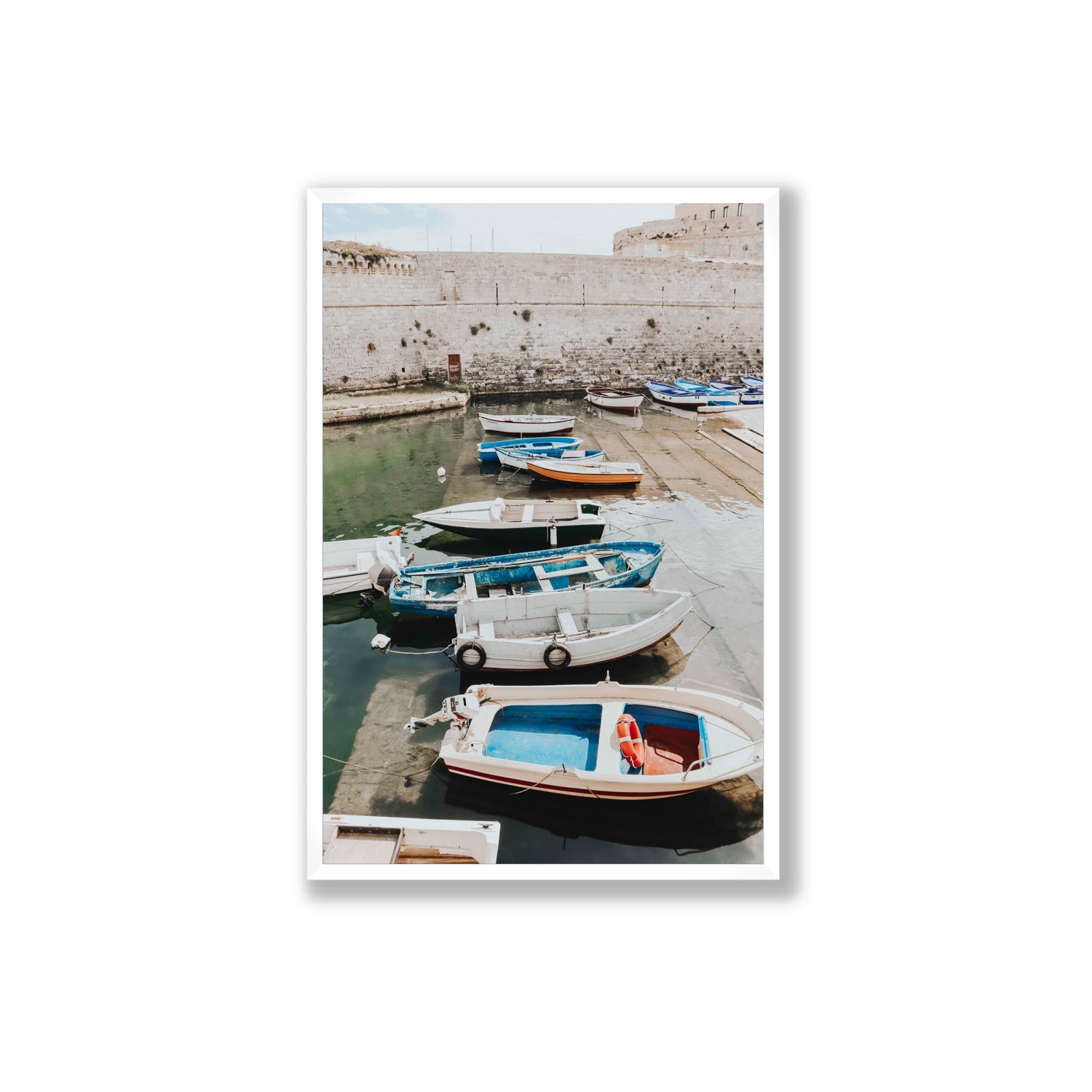 Harbour Palette Puglia coastal photography wall art Extra Large full-bleed fine art print in white frame