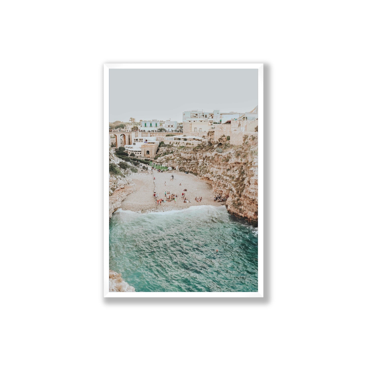 Polignano Vista Puglia coastal Italian beach fine art print Extra Large full-bleed fine art print in white frame