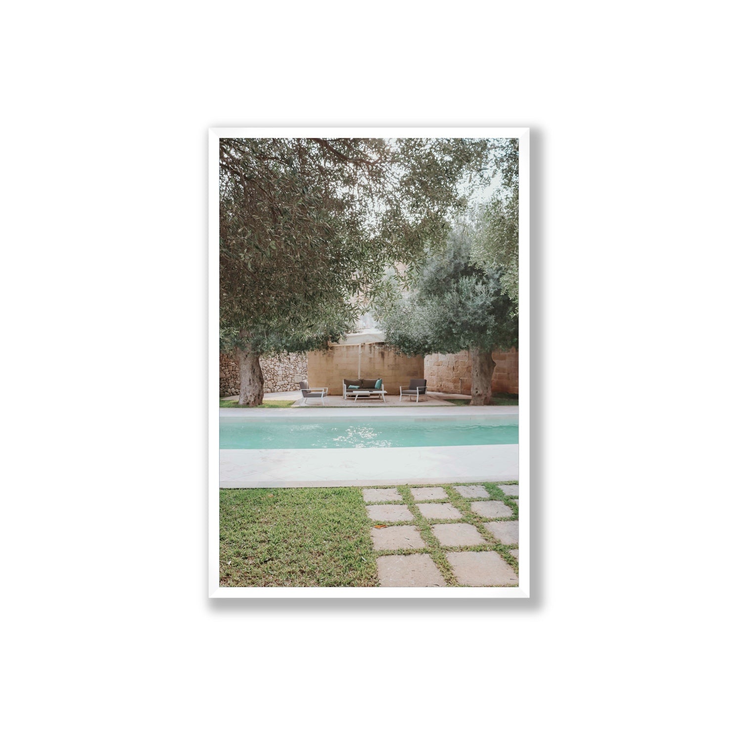Idyllic Escape Puglia Mediterranean wall art Extra Large full-bleed fine art print in white frame