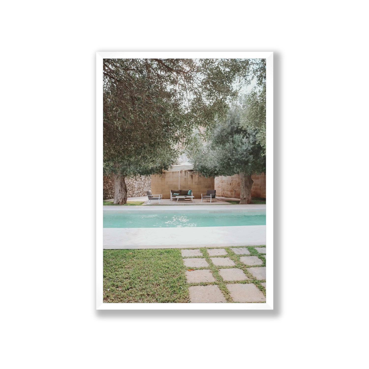 Idyllic Escape Puglia Mediterranean wall art Giant full-bleed fine art print in white frame
