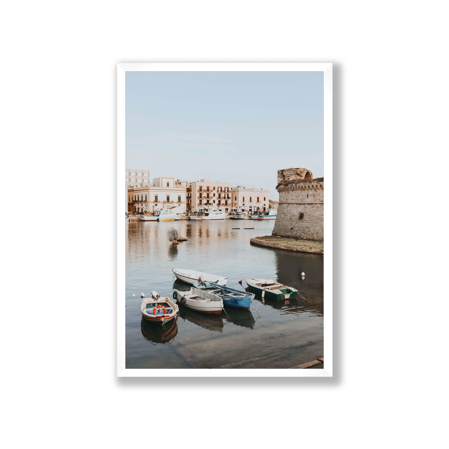 Gallipoli Harbour Puglia coastal wall art Giant full-bleed fine art print in white frame