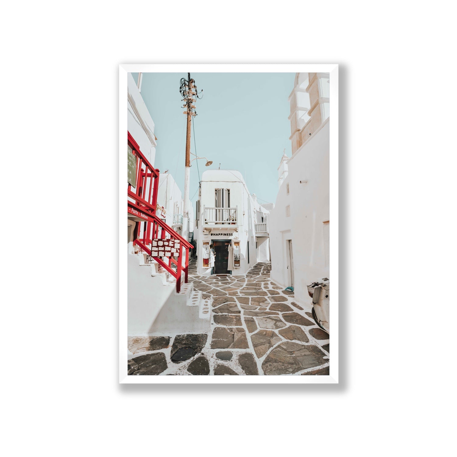 Happiness Mykonos Greek island wall art Giant full-bleed fine art print in white frame
