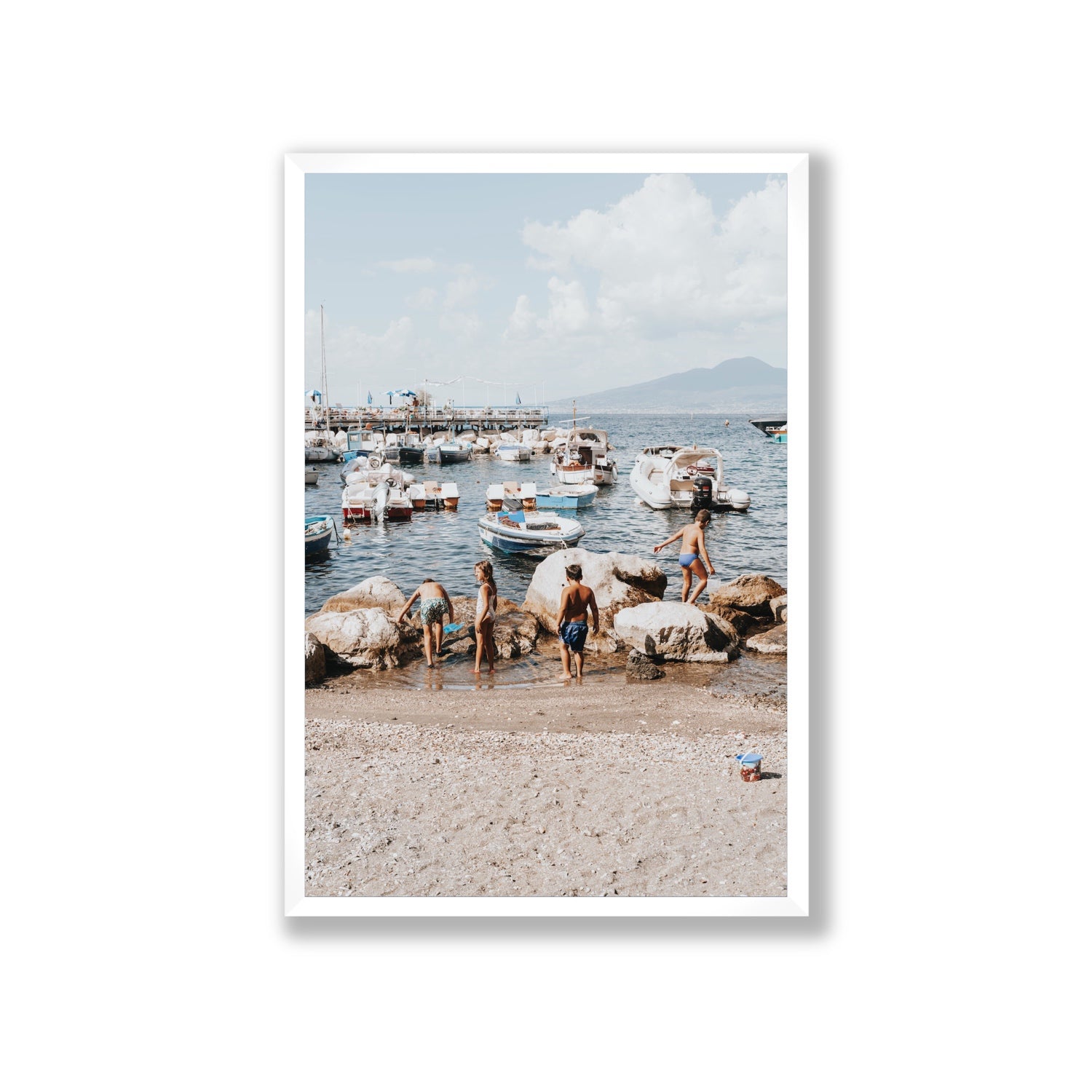 Searching For Treasures Sorrento coastal wall art Giant full-bleed fine art print in white frame