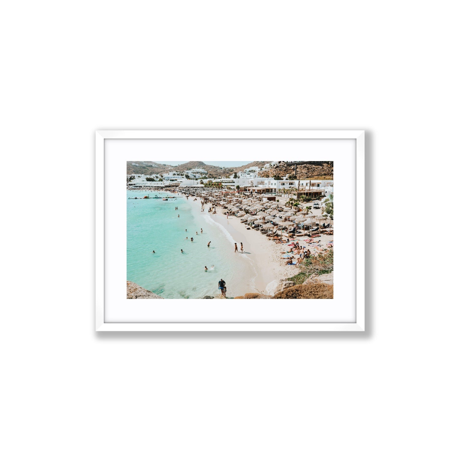 Aquaholic Mykonos Greek island wall art Medium fine art print in white frame with matboard