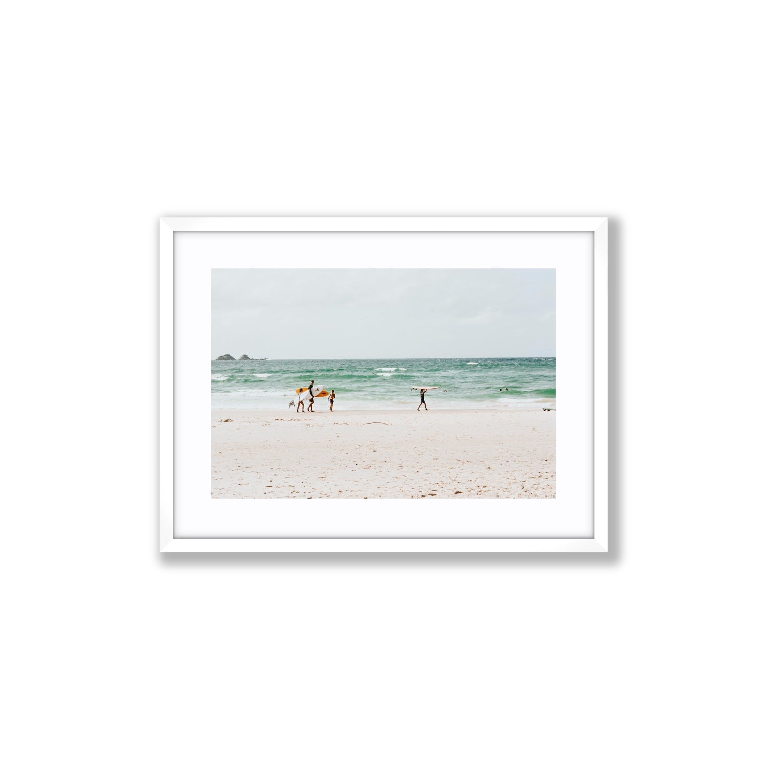 La Famiglia Byron Bay Family Surf coastal wall art Medium fine art print in white frame with matboard