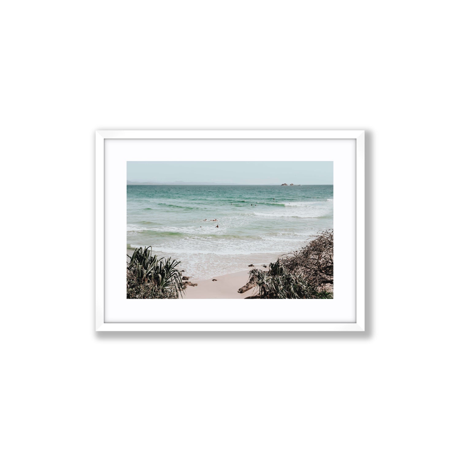 Surf City Byron Bay Surf coastal wall art Medium fine art print in white frame with matboard