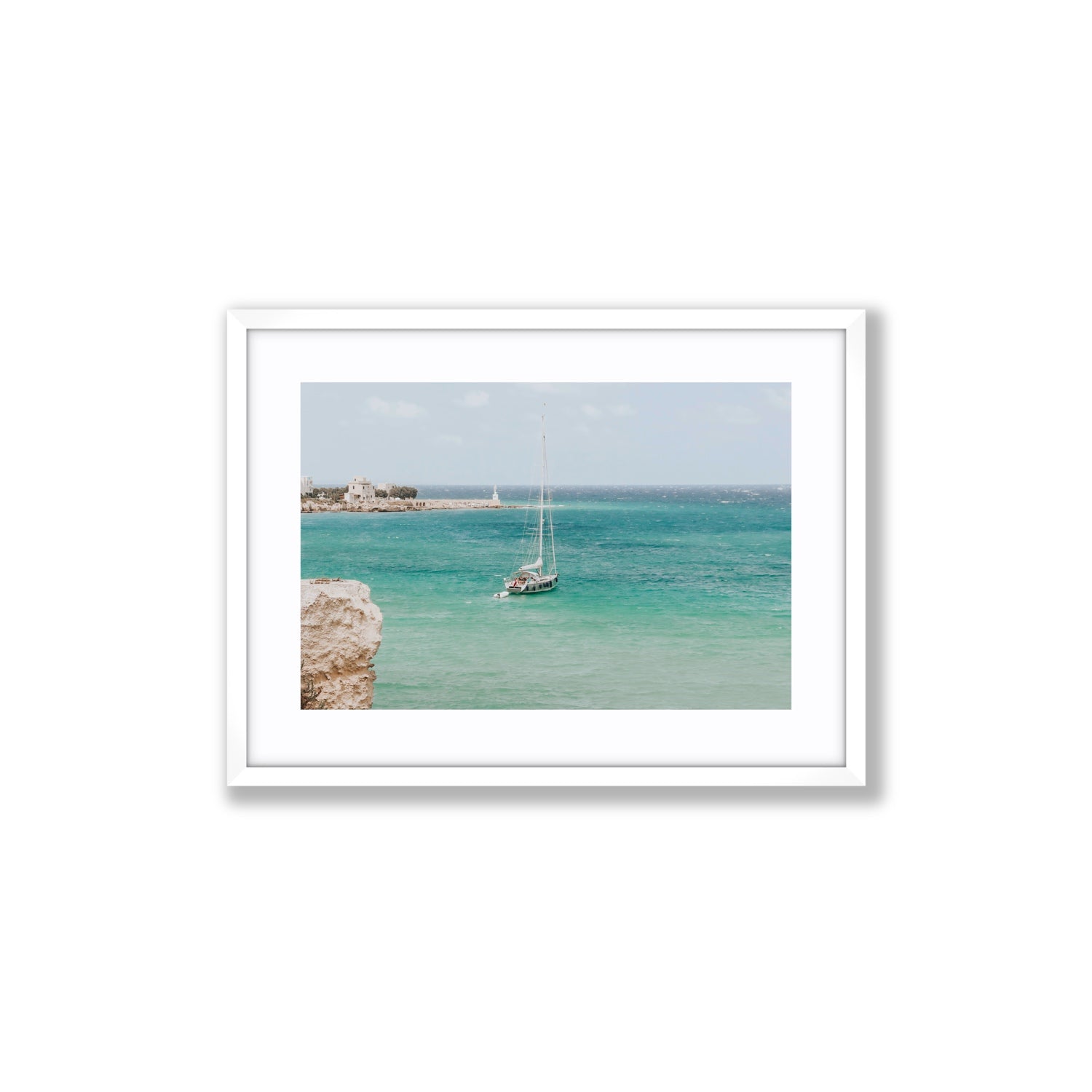 Adriatic Escape Puglia Italian coastal decor wall art Medium fine art print in white frame with matboard