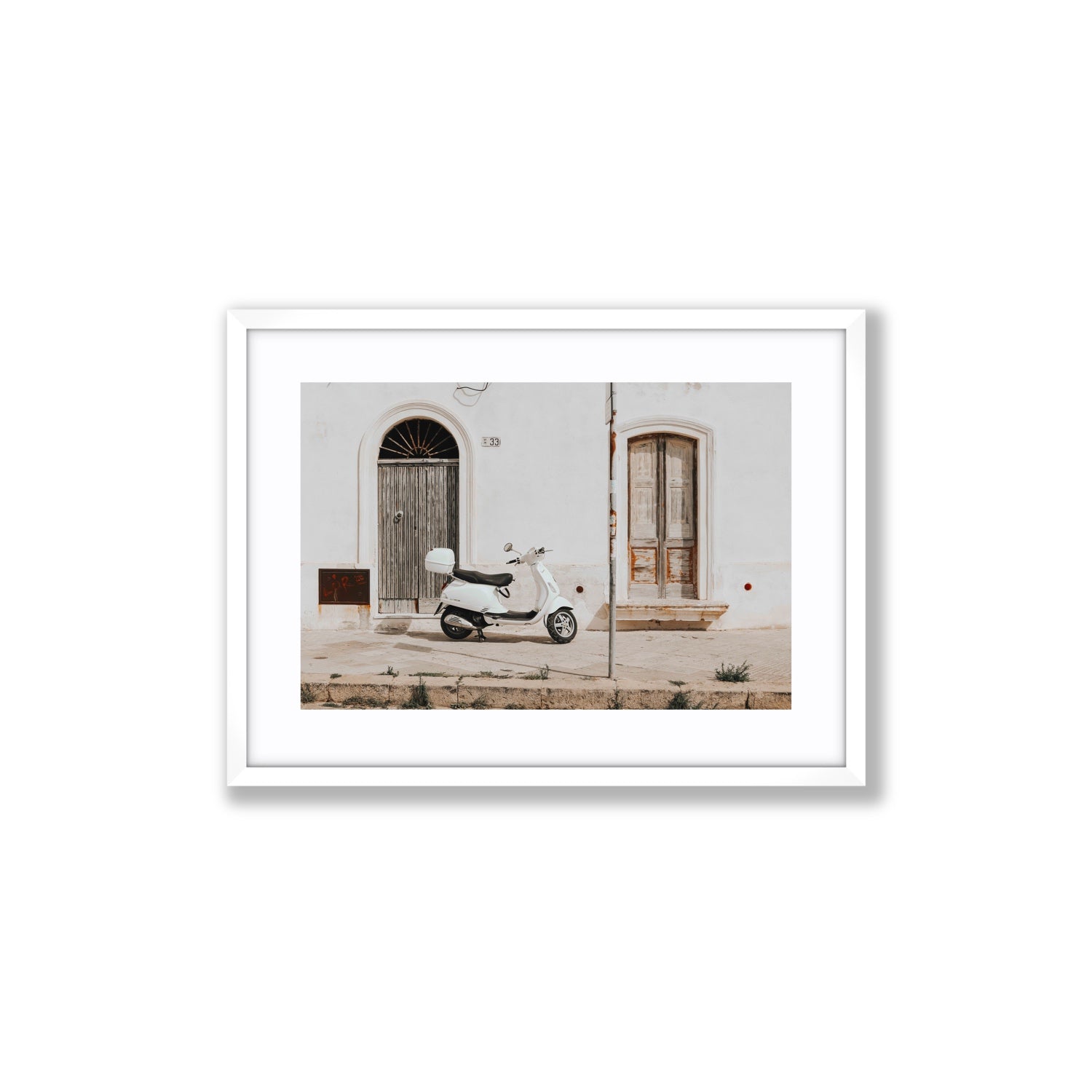Vespa Nostalgia Puglia Italian wall art Medium fine art print in white frame with matboard