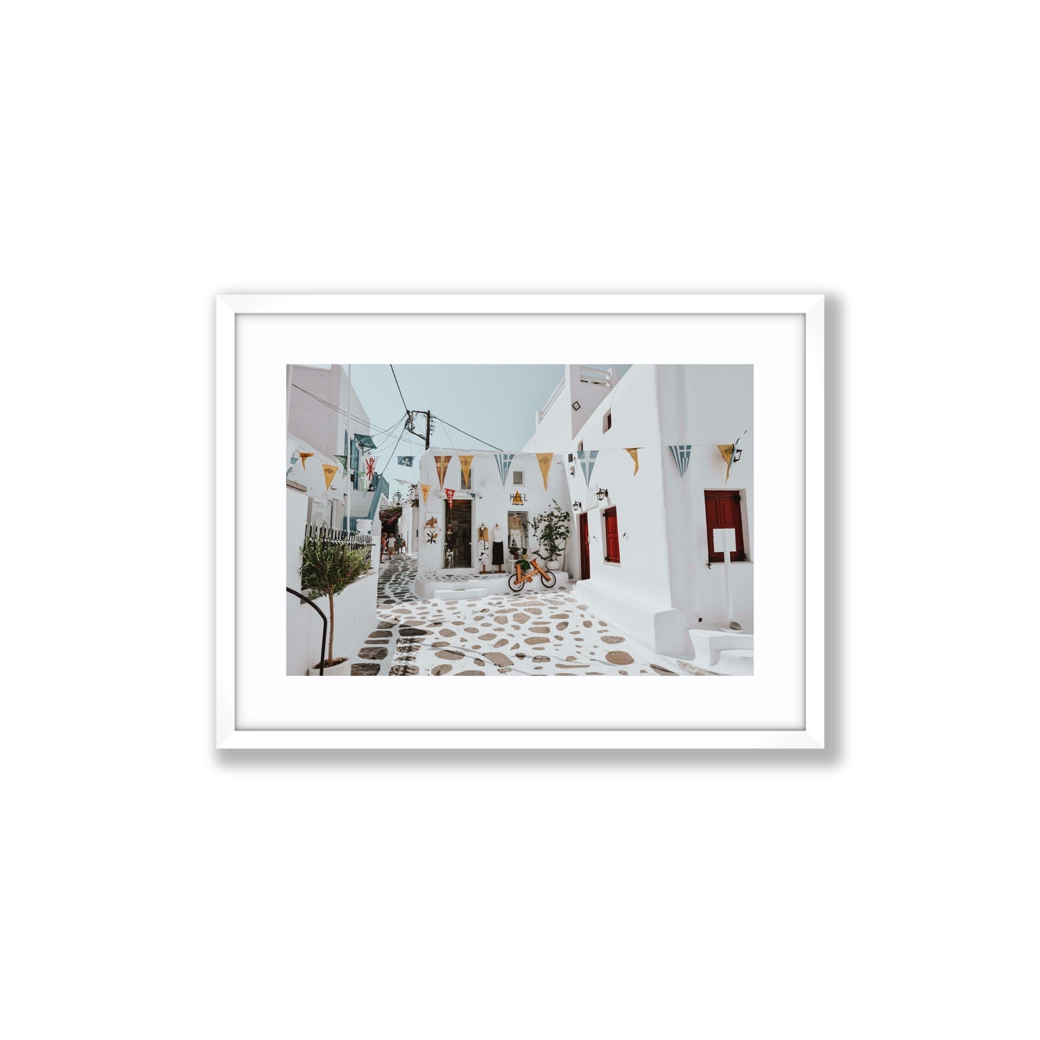 Cruising The Streets Mykonos Greek island wall art Medium fine art print in white frame with matboard