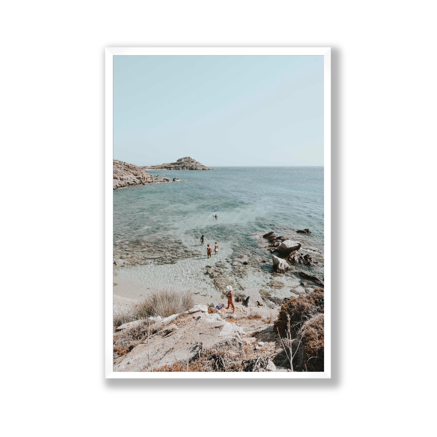 Explorers Mykonos Greek island wall art Gallery full-bleed fine art print in white frame