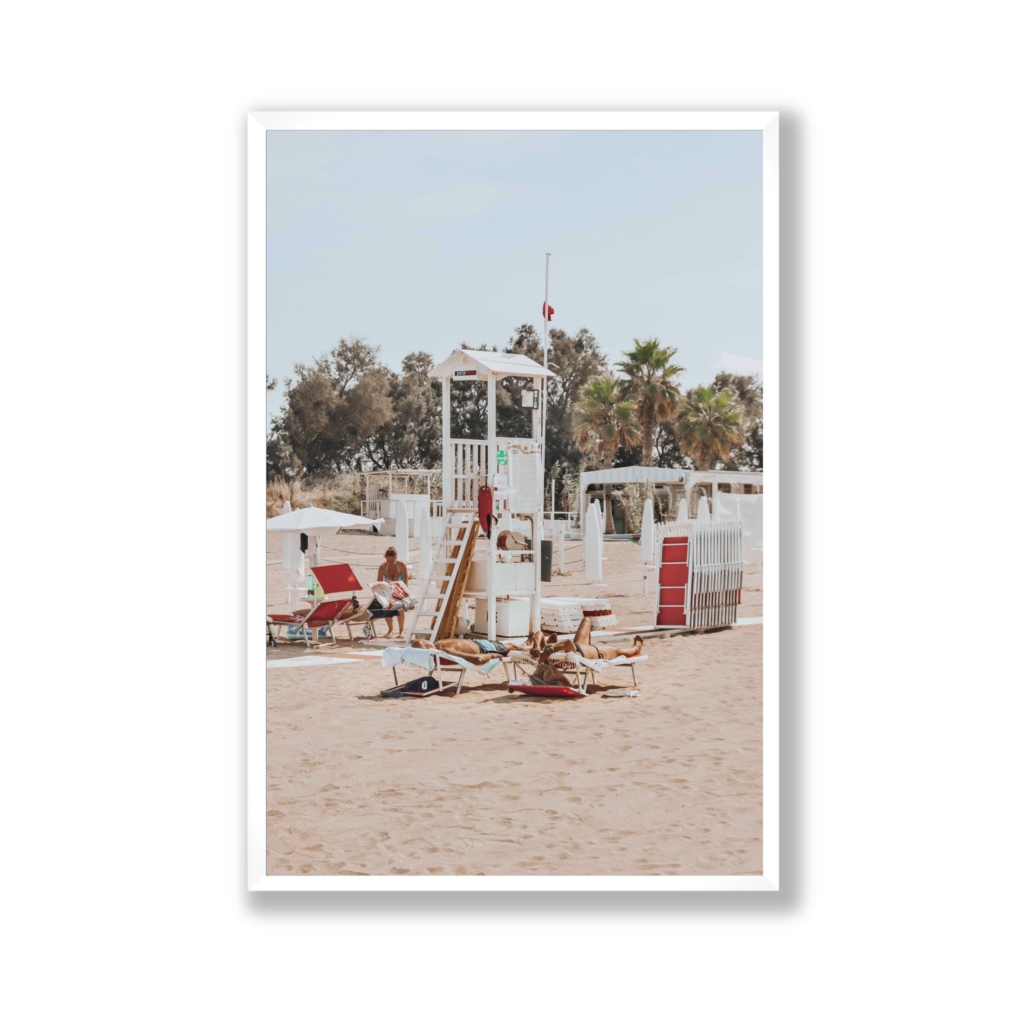 Red Lounge Reverie Puglia beach coastal wall art Gallery full-bleed fine art print in white frame