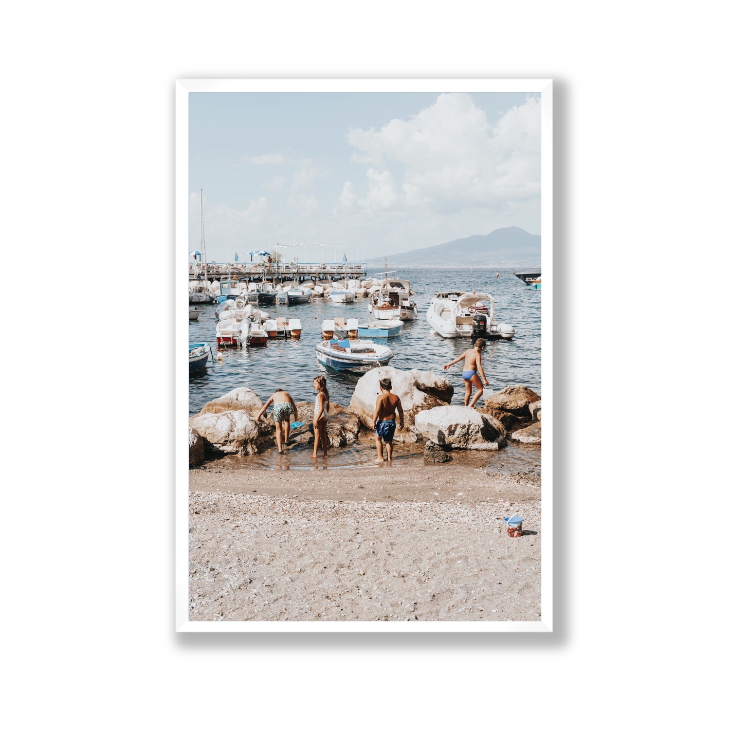 Searching For Treasures Sorrento coastal wall art Gallery full-bleed fine art print in white frame