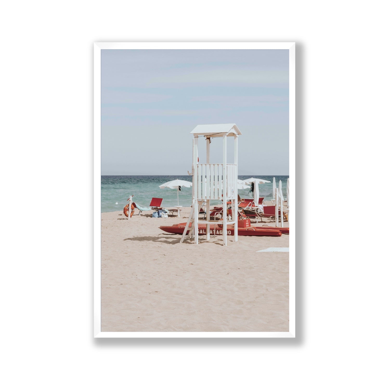 Barefoot Bliss Puglia beach Italian coastal decor wall art Gallery full-bleed fine art print in white frame