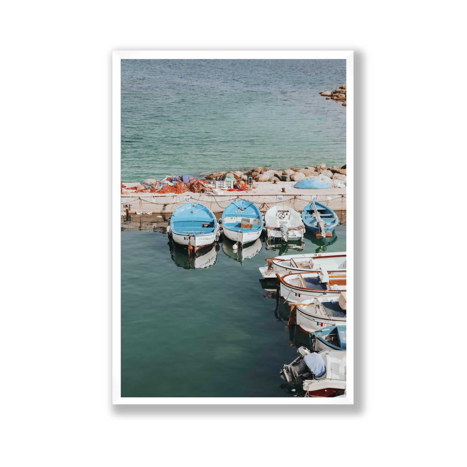 Maritime Memories Puglia Harbour Reflections coastal wall art Gallery full-bleed fine art print in white frame