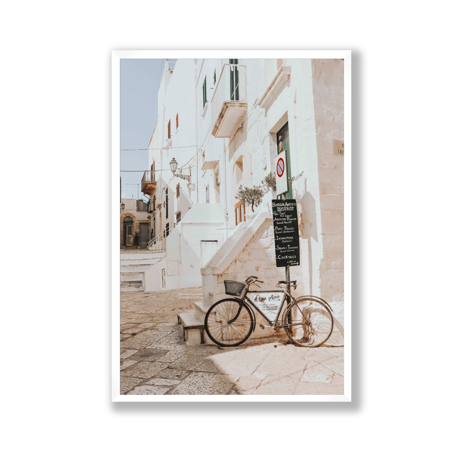 La Bicicletta Puglia Ostuni wall art Gallery full-bleed fine art print in white frame