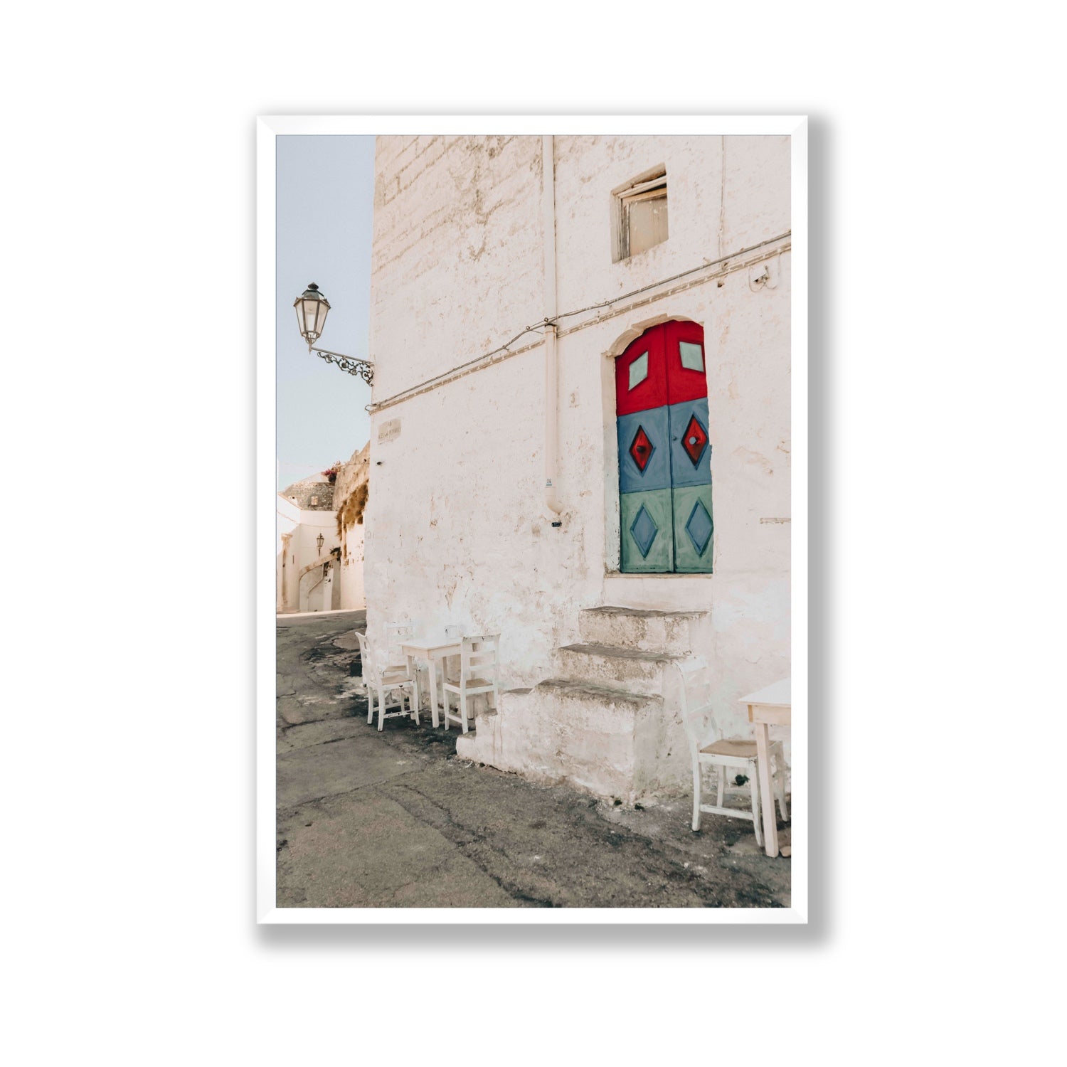Doorway Delight Puglia Ostuni wall art Gallery full-bleed fine art print in white frame