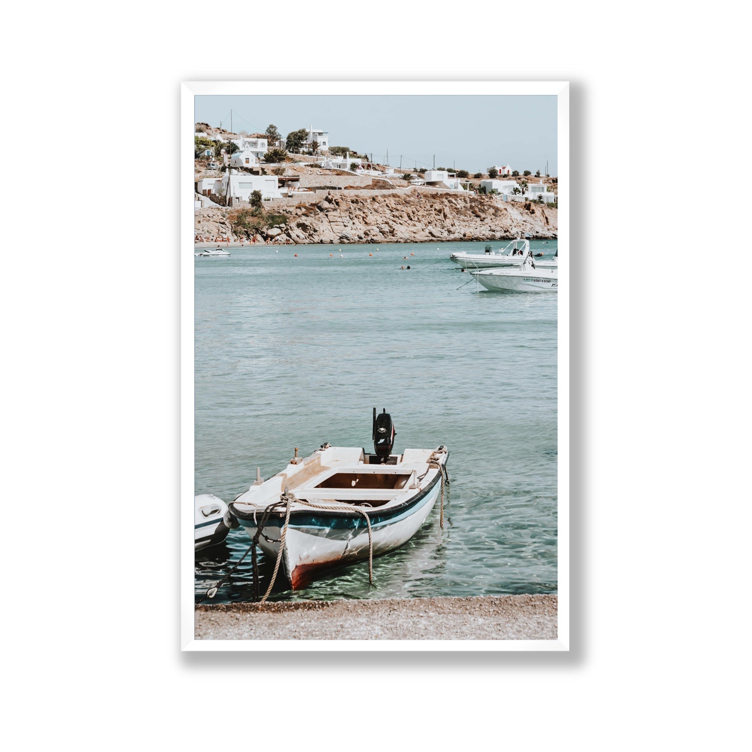 Classic Wheels Mykonos Greek island wall art Gallery full-bleed fine art print in white frame