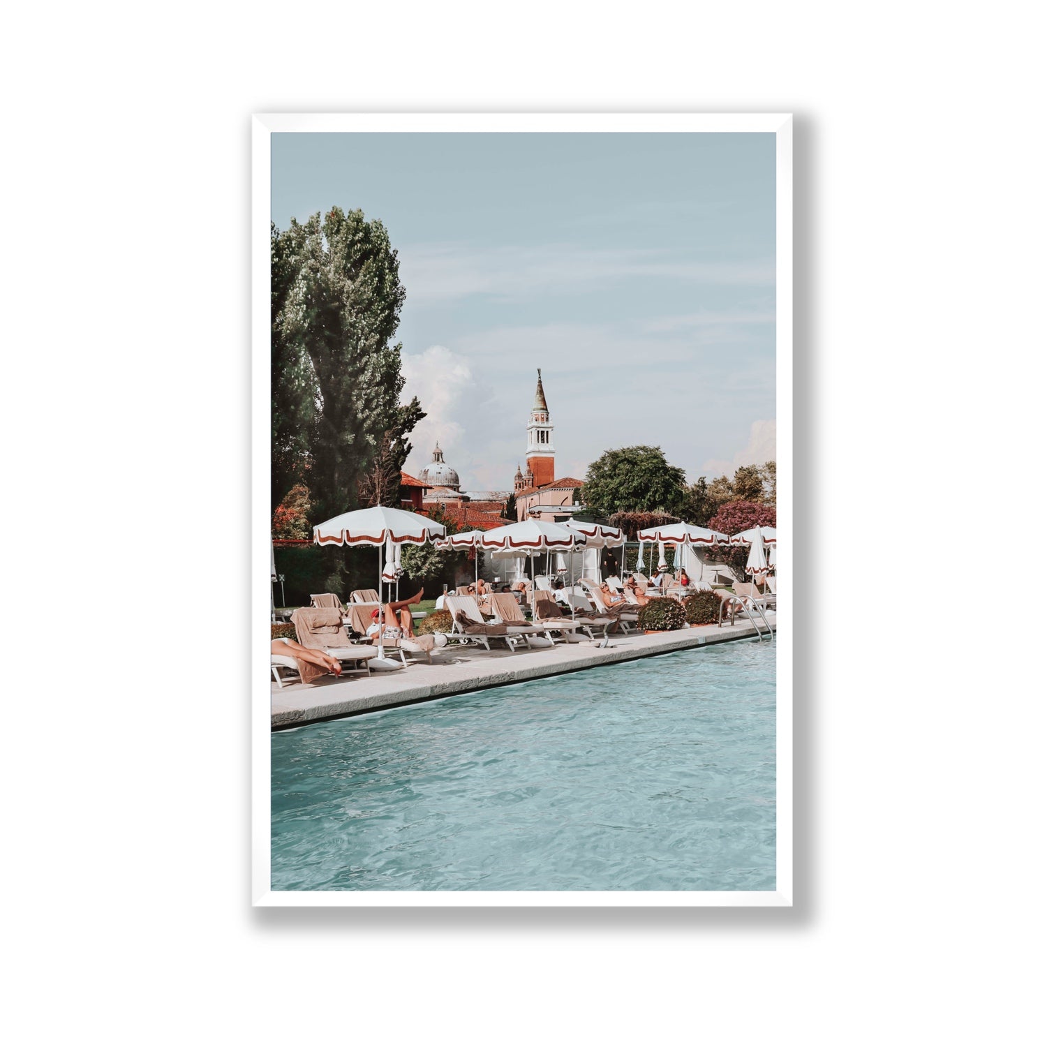 Poolside Perch Venice Italian wall art Gallery full-bleed fine art print in white frame