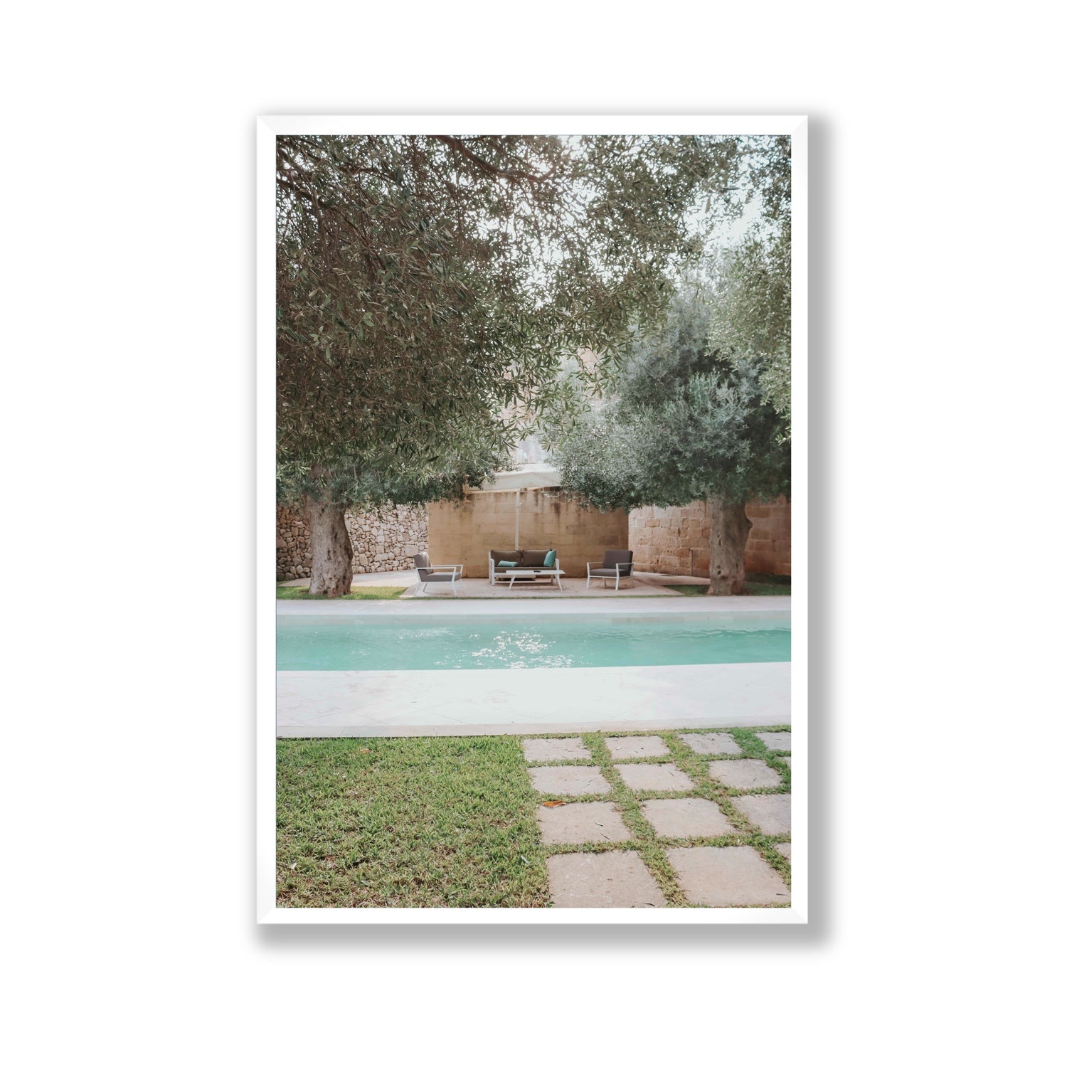 Idyllic Escape Puglia Mediterranean wall art Gallery full-bleed fine art print in white frame