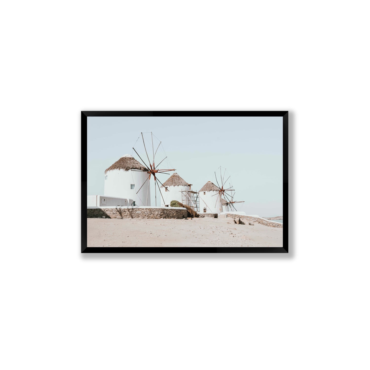 Rustic Icons Mykonos Greek island wall art Large full-bleed fine art print in black frame