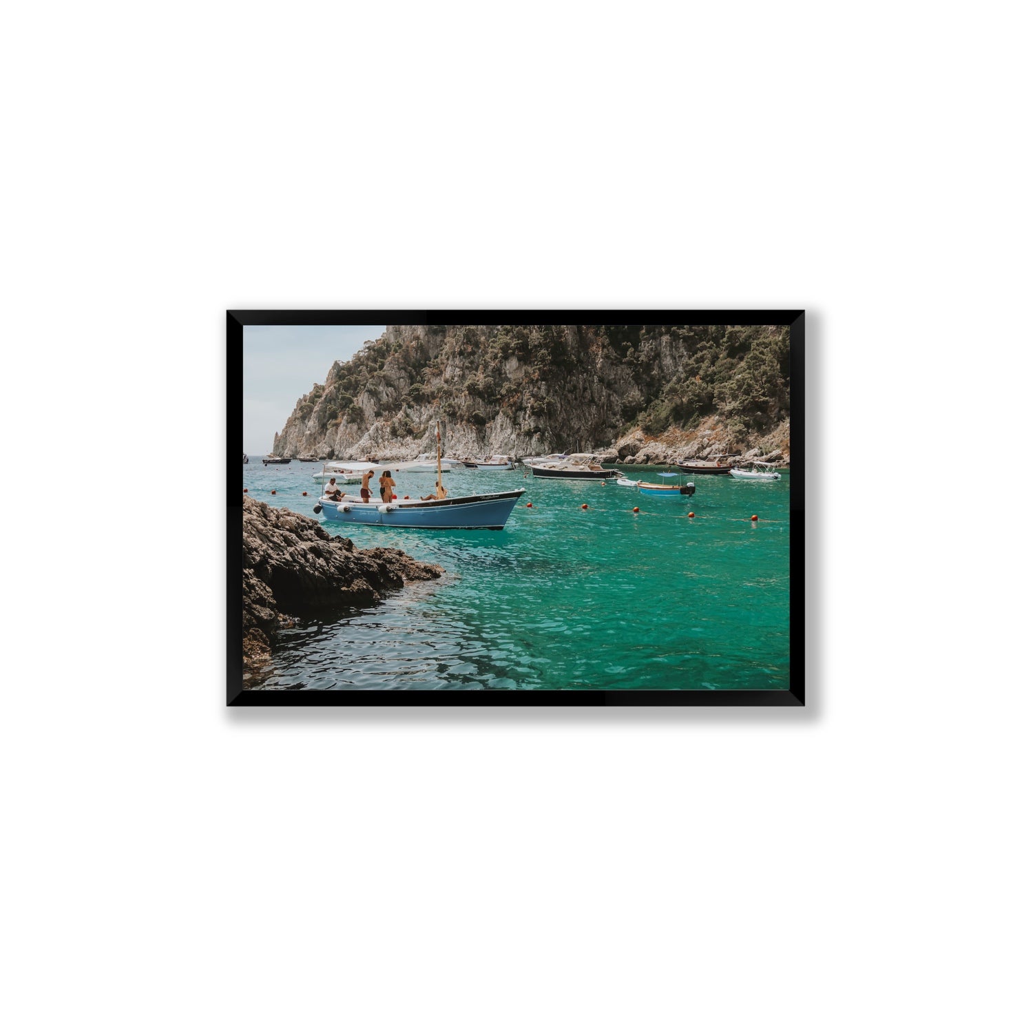 Cozy Cove Capri coastal Mediterranean wall art Large full-bleed fine art print in black frame