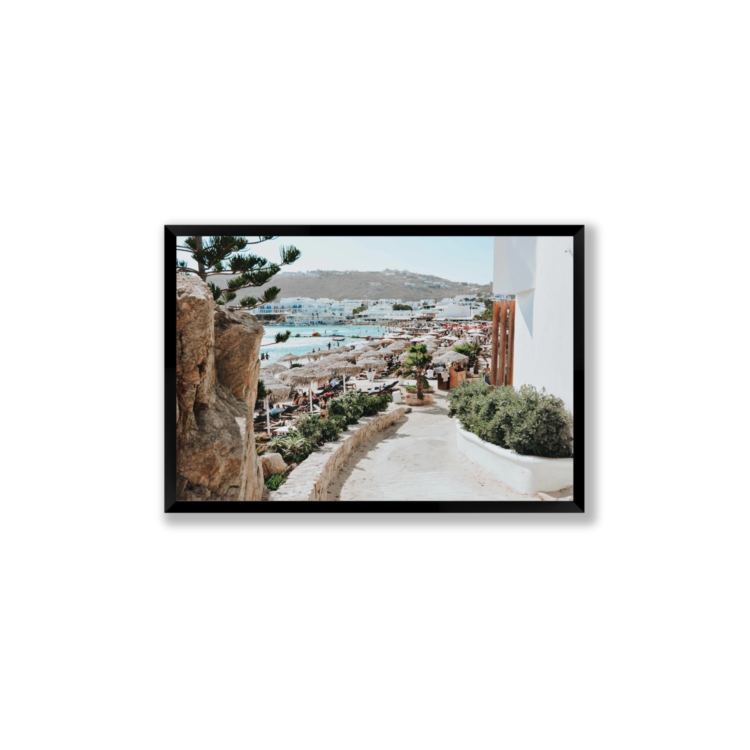Kalimera Mykonos Greek island wall art Large full-bleed fine art print in black frame