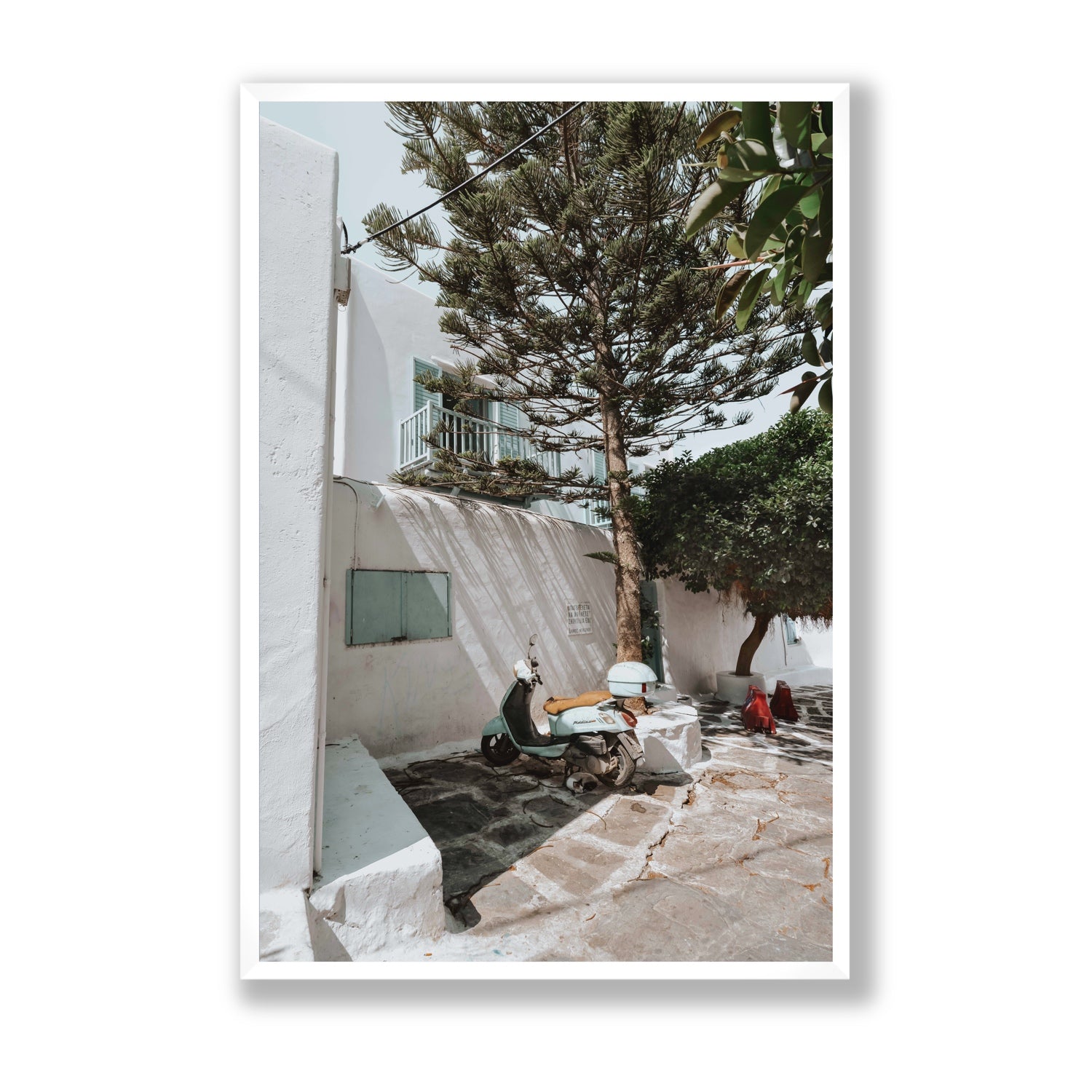 The Getaway Mykonos Mediterranean Greek island art print Statement full-bleed fine art print in white frame
