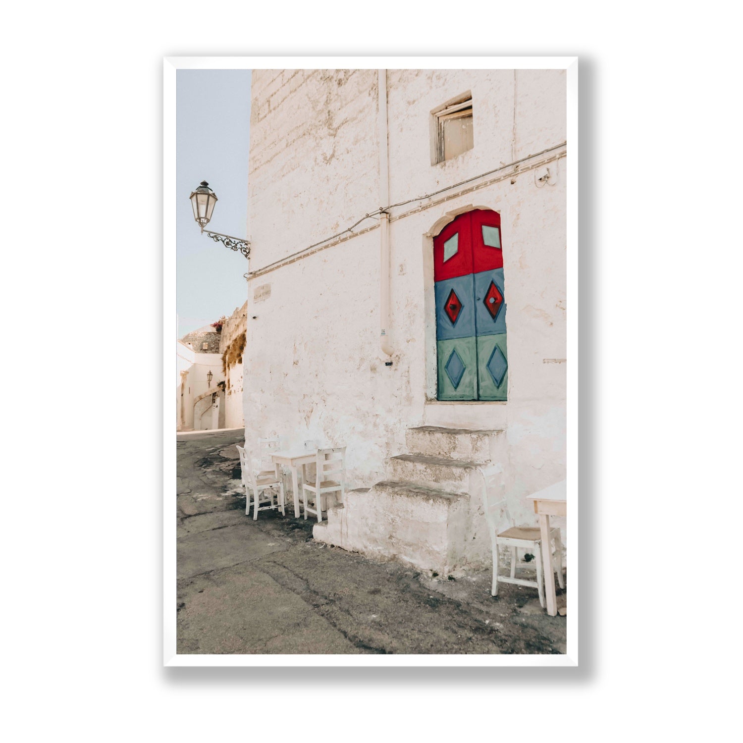 Doorway Delight Puglia Ostuni wall art Statement full-bleed fine art print in white frame