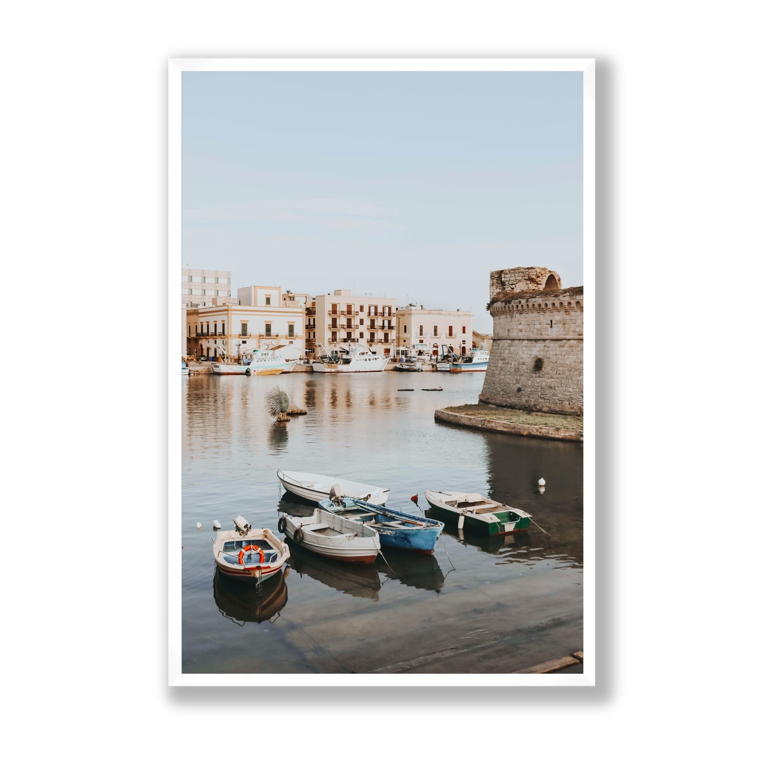 Gallipoli Harbour Puglia coastal wall art Statement full-bleed fine art print in white frame