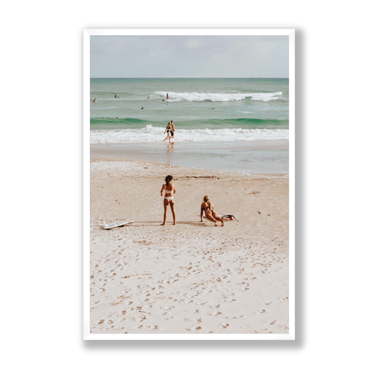 Gidget & Betty Byron Bay beach coastal wall art Statement full-bleed fine art print in white frame