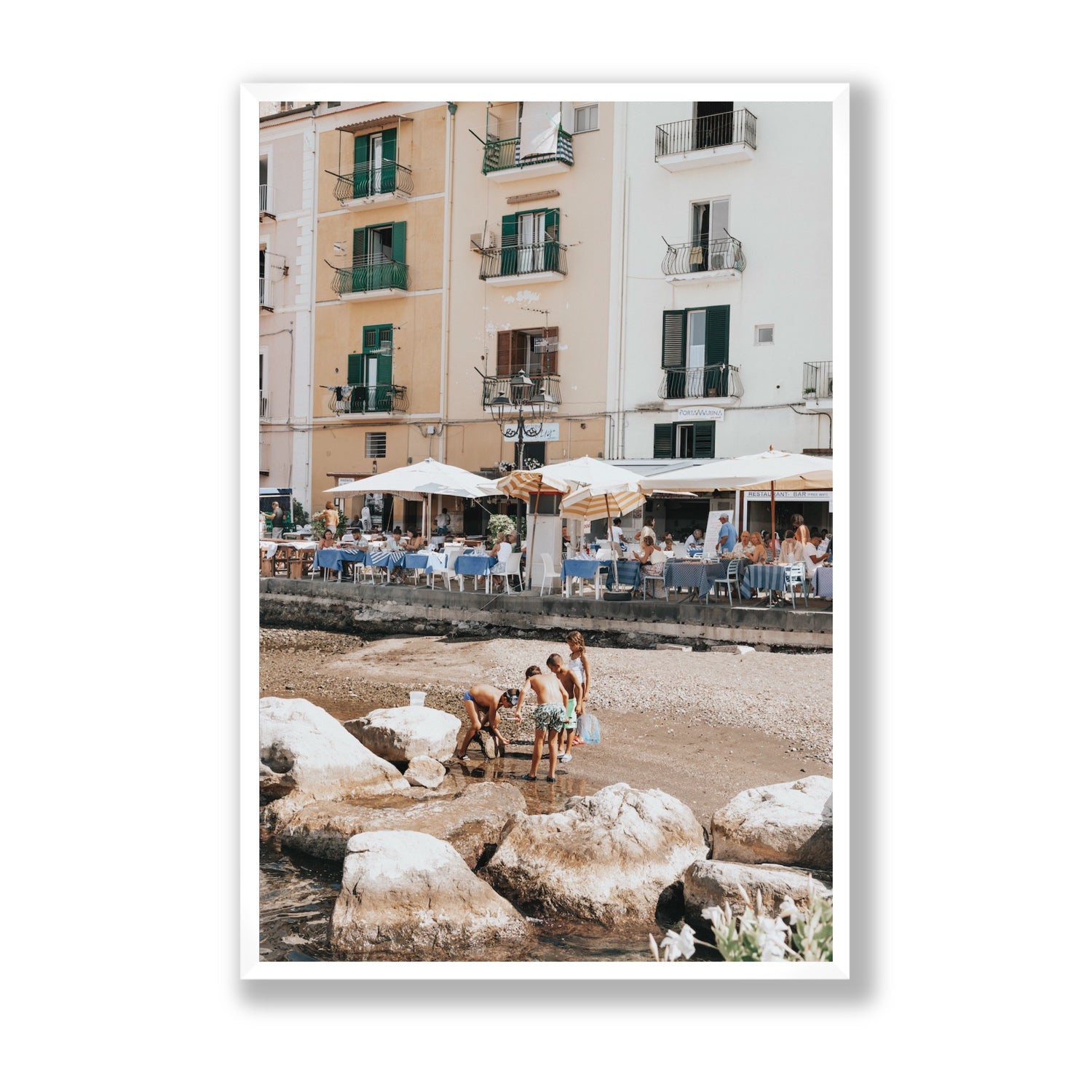 Sunny Playtime Sorrento coastal wall art Statement full-bleed fine art print in white frame