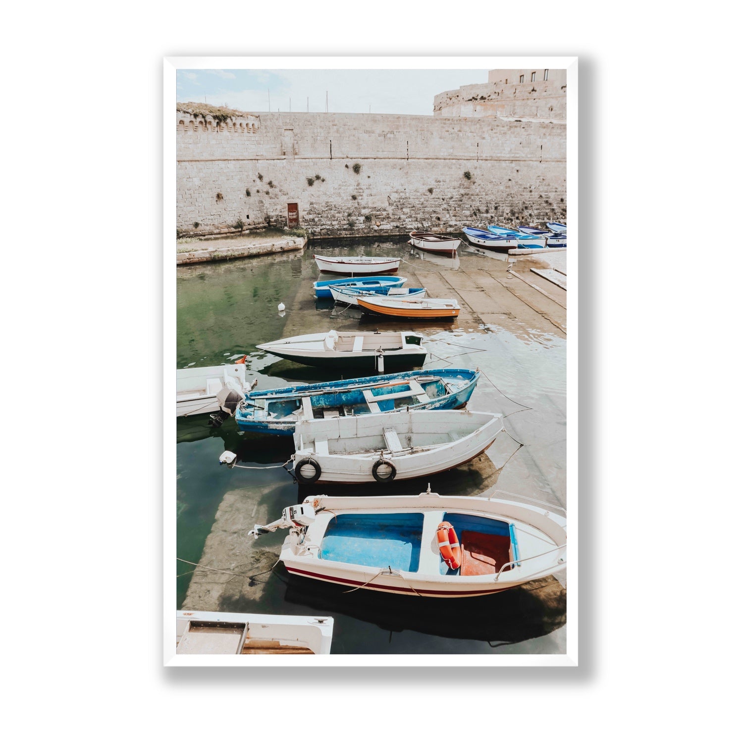 Harbour Palette Puglia coastal photography wall art Statement full-bleed fine art print in white frame