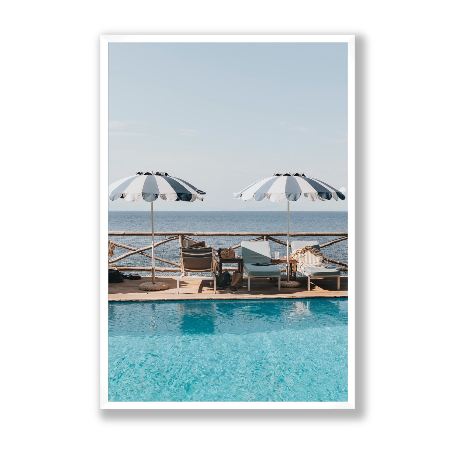 Beach Retreat fine art print, Ischia, Italy, european beach clubs artwork, Statement, White Frame · Full Bleed, Fine Art Print