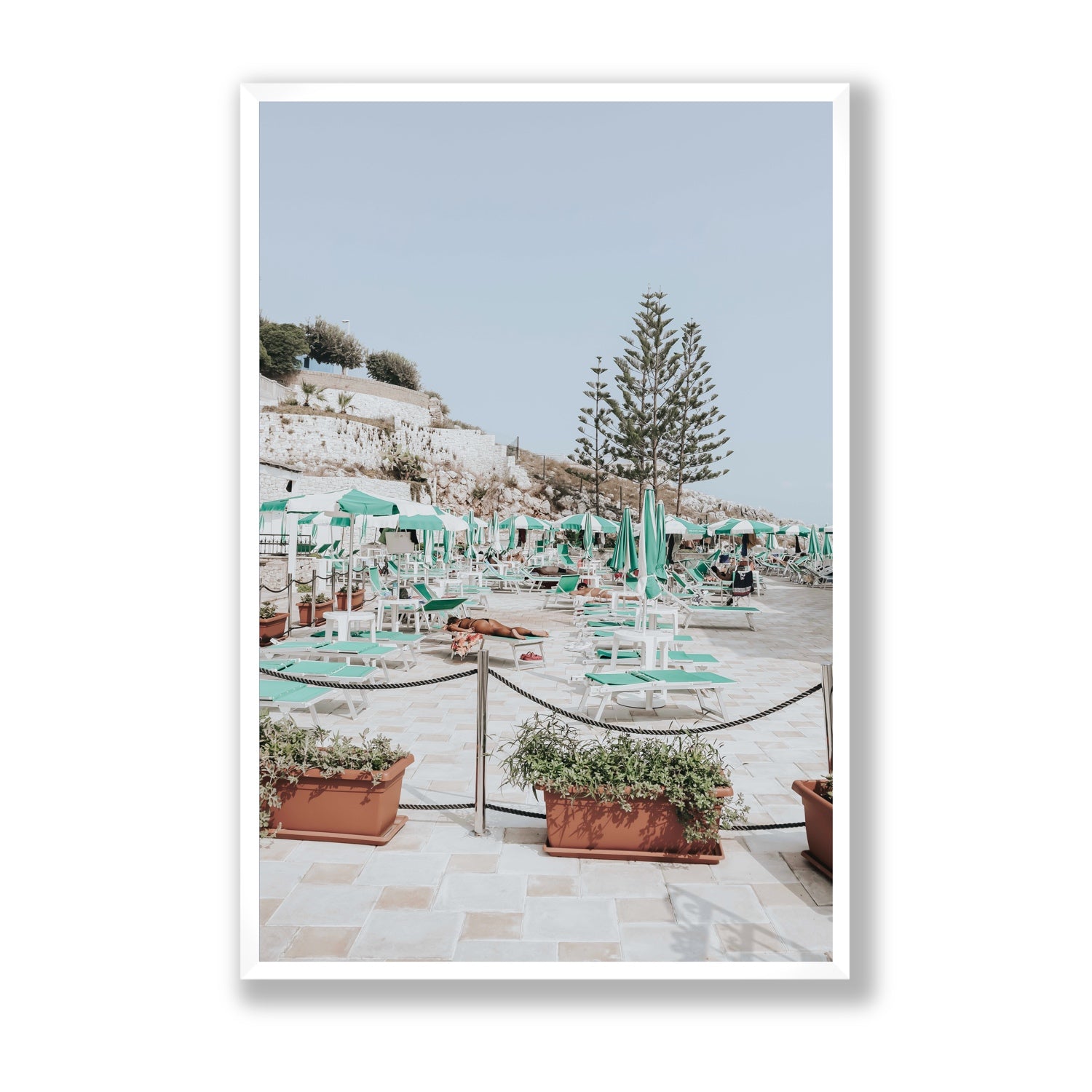 Siesta on The Terrace Puglia coastal wall art Statement full-bleed fine art print in white frame