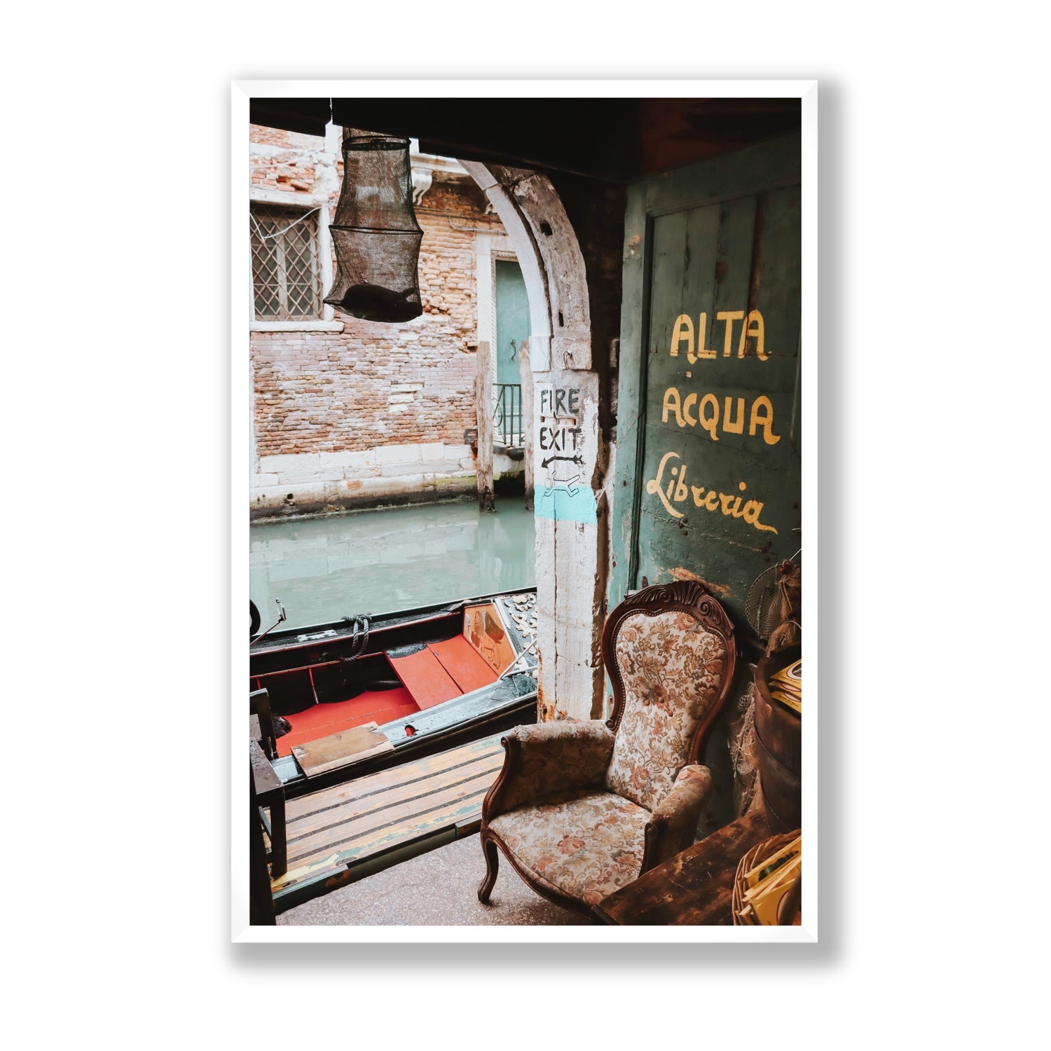 Alta Acqua Venice Bookstore wall art Statement full-bleed fine art print in white frame