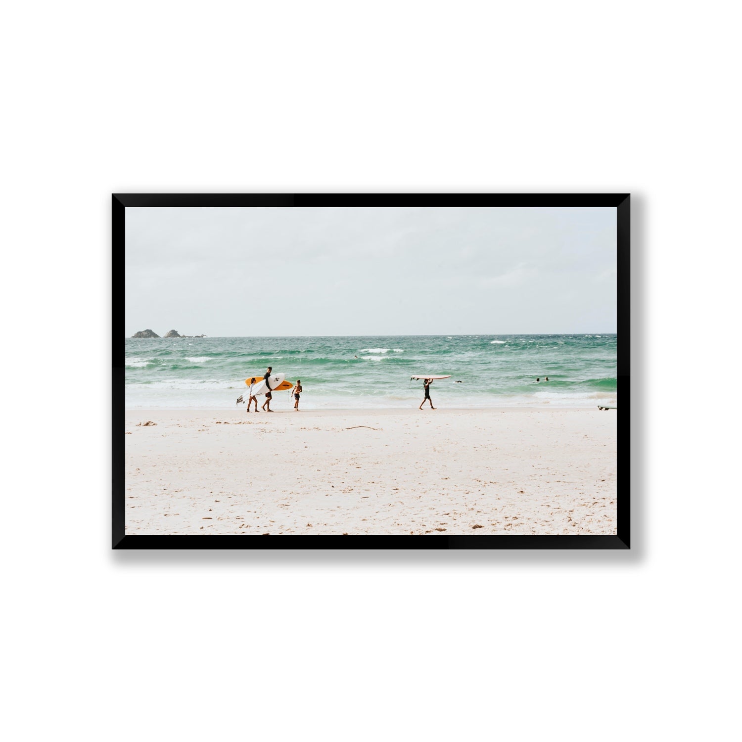 La Famiglia Byron Bay Family Surf coastal wall art Giant full-bleed fine art print in black frame