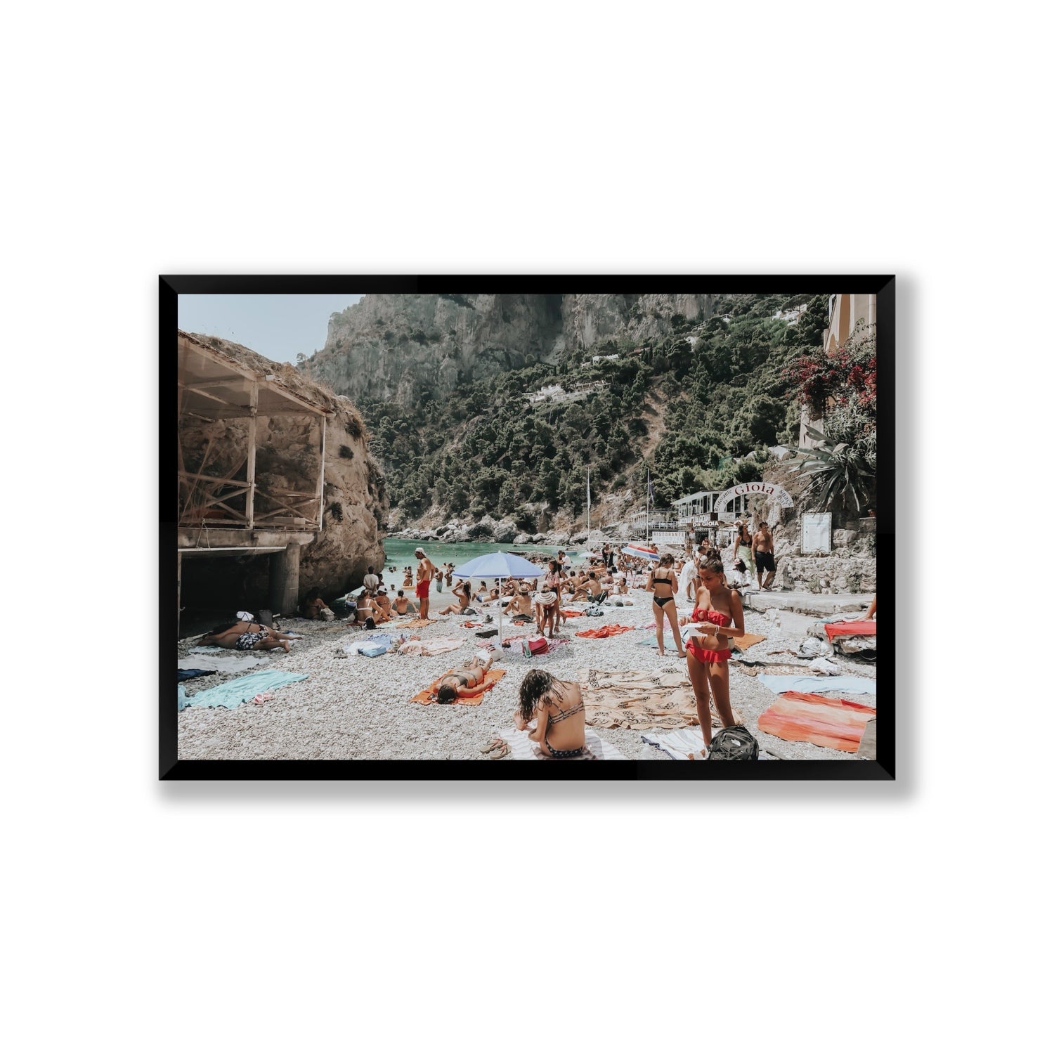 Spiaggia Da Gioia Capri beach coastal wall art Giant full-bleed fine art print in black frame