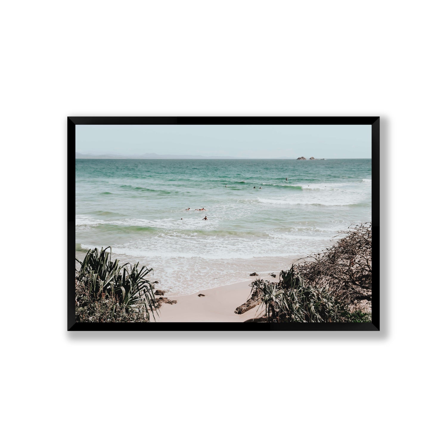 Surf City Byron Bay Surf coastal wall art Giant full-bleed fine art print in black frame