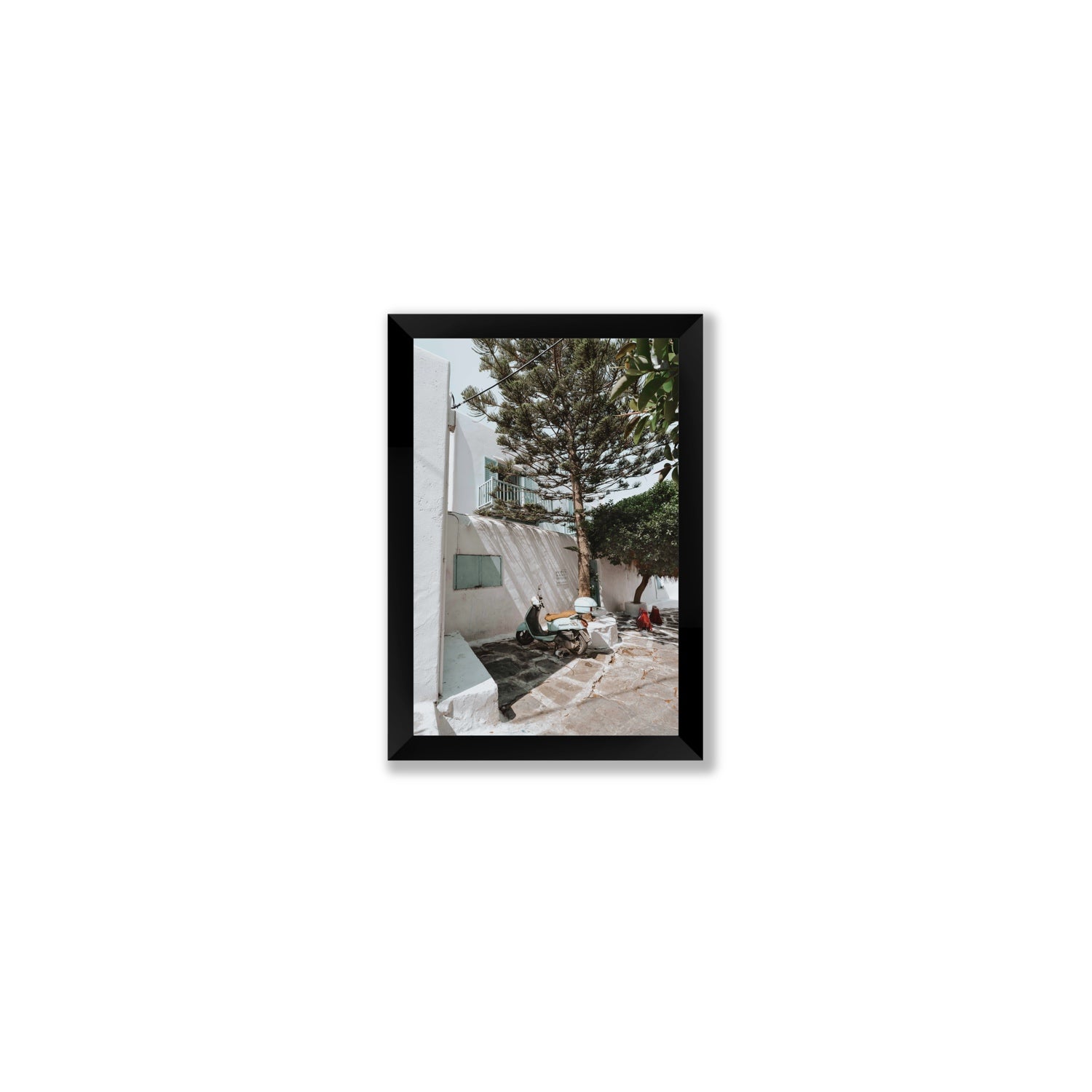 The Getaway Mykonos Mediterranean Greek island art print Small full-bleed fine art print in black frame
