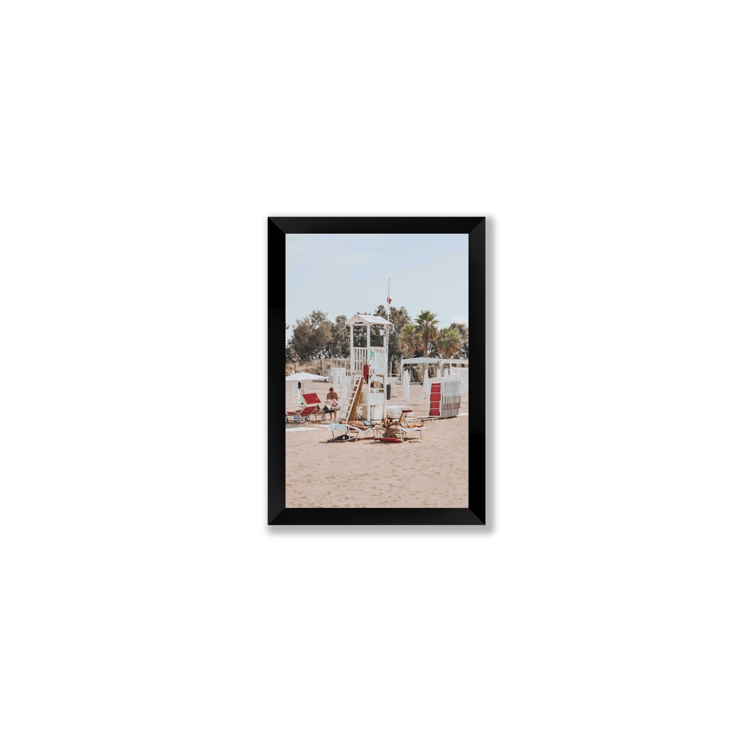 Red Lounge Reverie Puglia beach coastal wall art Small full-bleed fine art print in black frame