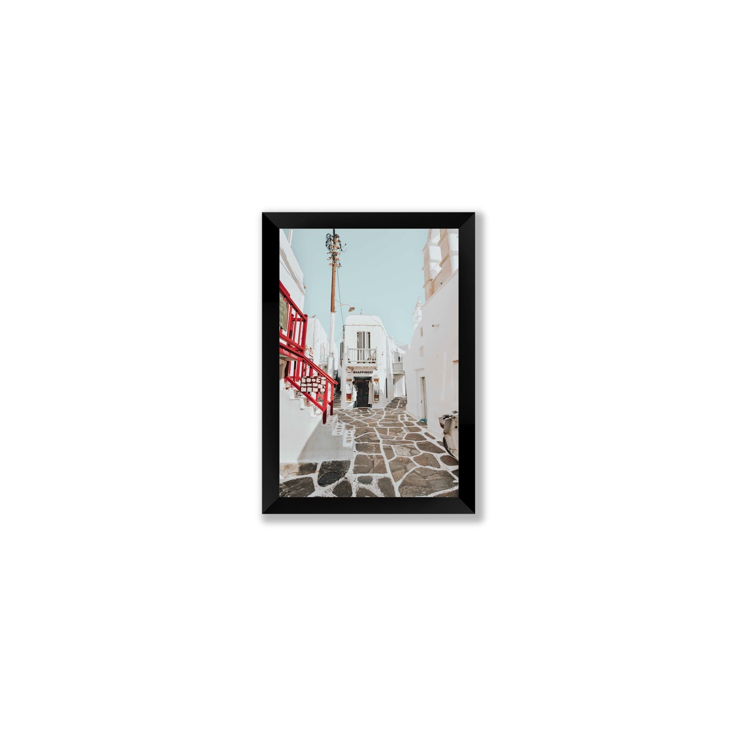 Happiness Mykonos Greek island wall art Small full-bleed fine art print in black frame