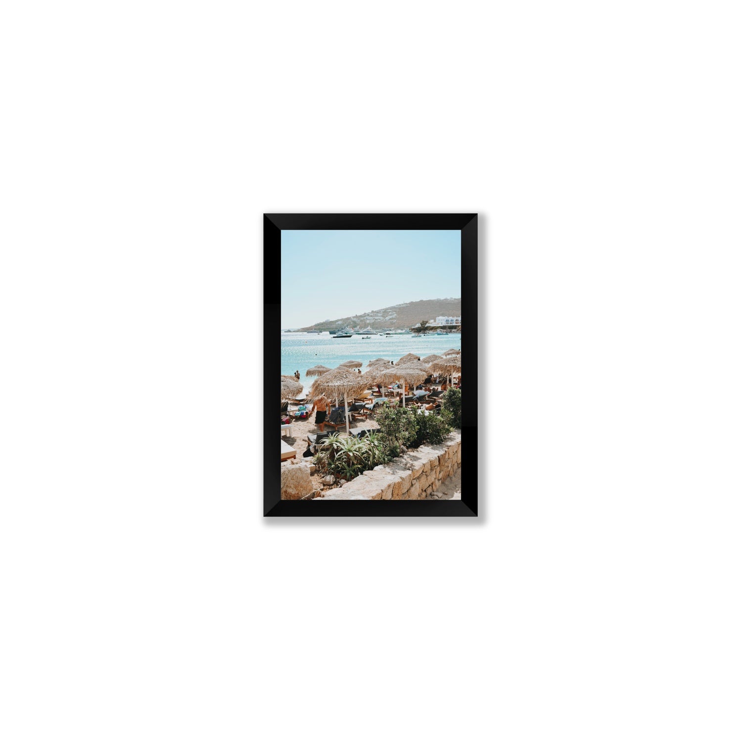 Beachside Huts Mykonos Greek island wall art Small full-bleed fine art print in black frame