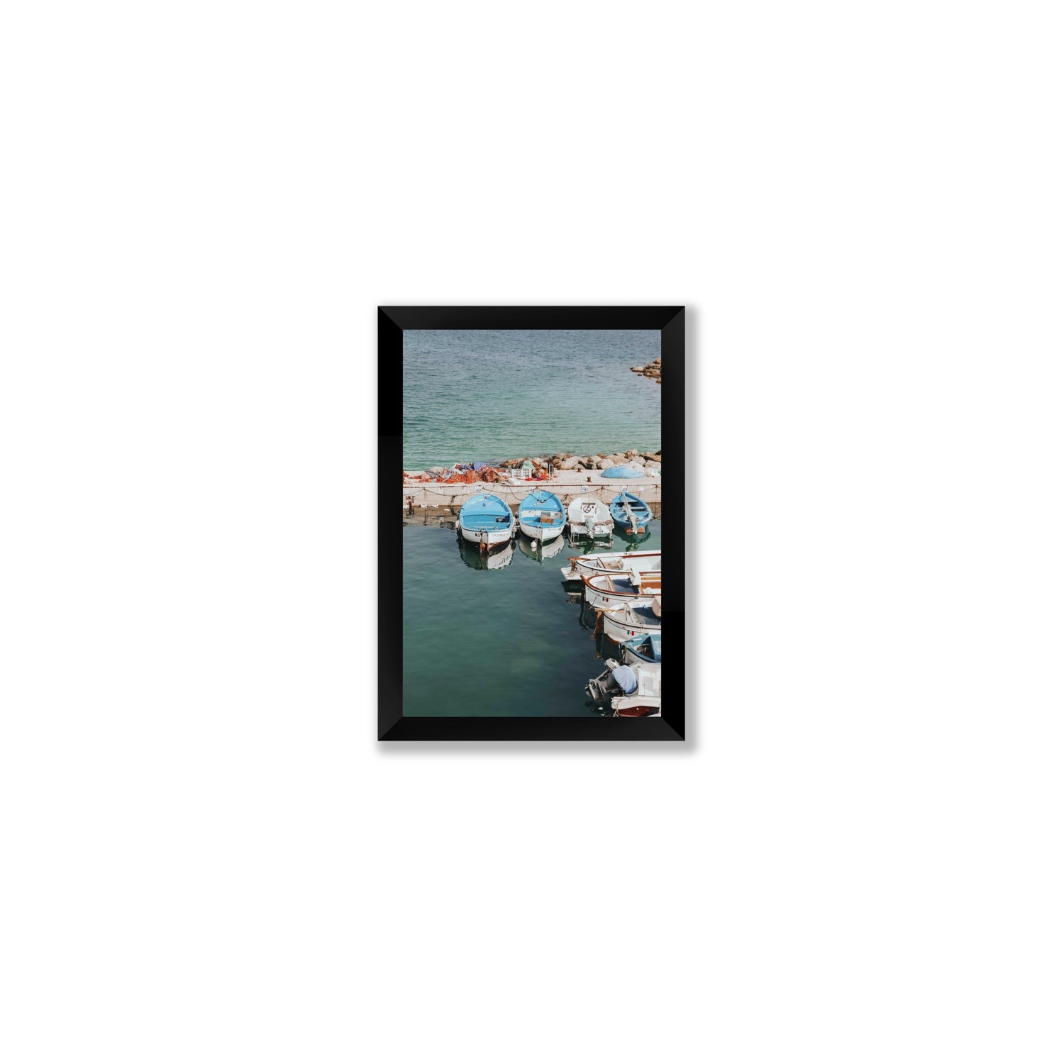 Maritime Memories Puglia Harbour Reflections coastal wall art Small full-bleed fine art print in black frame