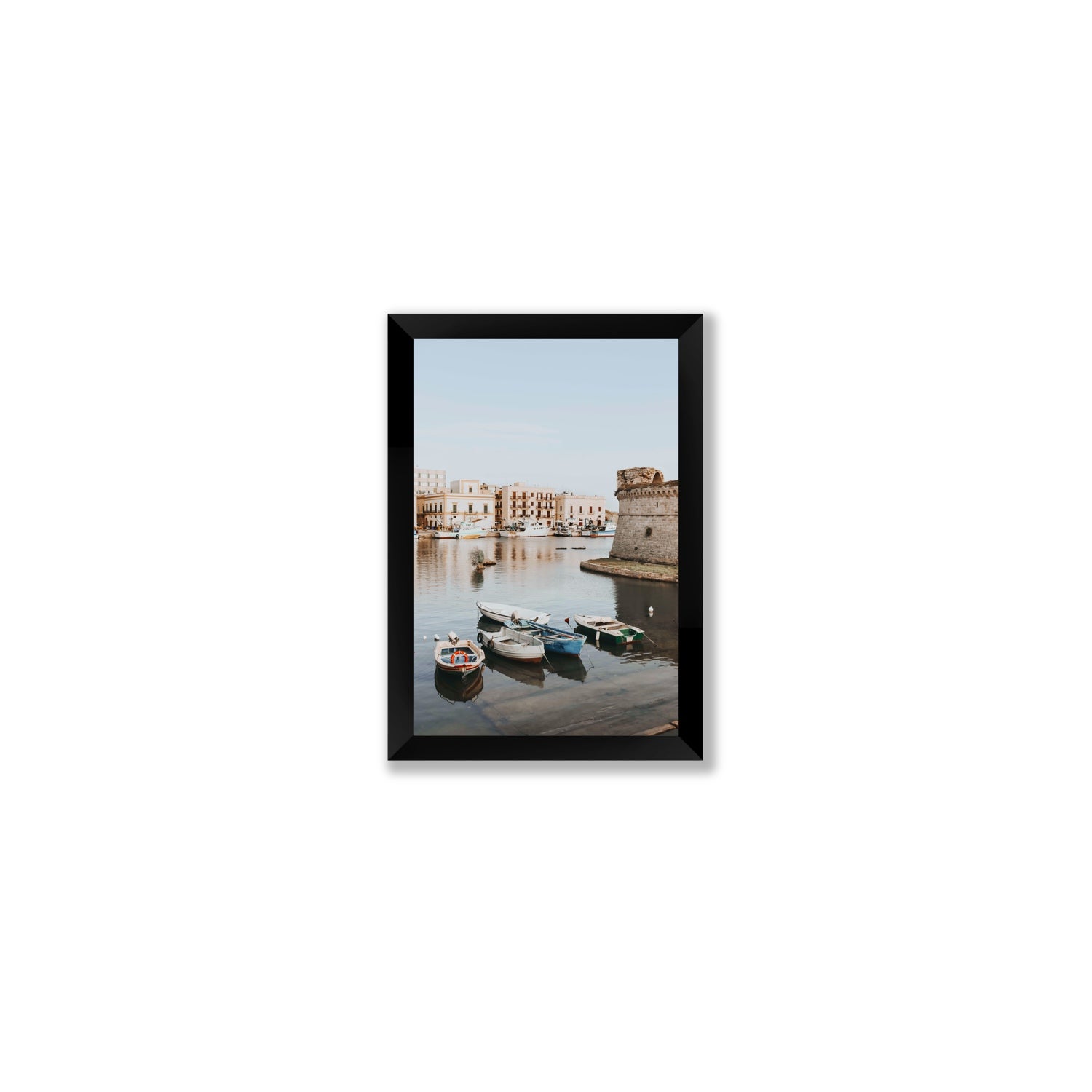 Gallipoli Harbour Puglia coastal wall art Small full-bleed fine art print in black frame