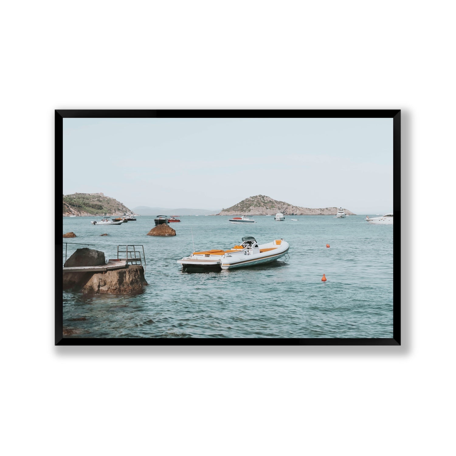 The Azure Sea Tuscany coastal Italian wall art Gallery full-bleed fine art print in black frame