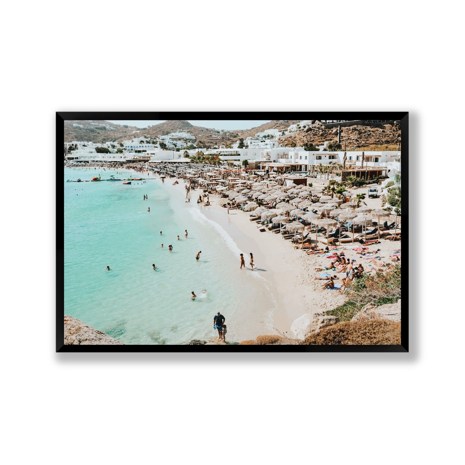 Aquaholic Mykonos Greek island wall art Gallery full-bleed fine art print in black frame