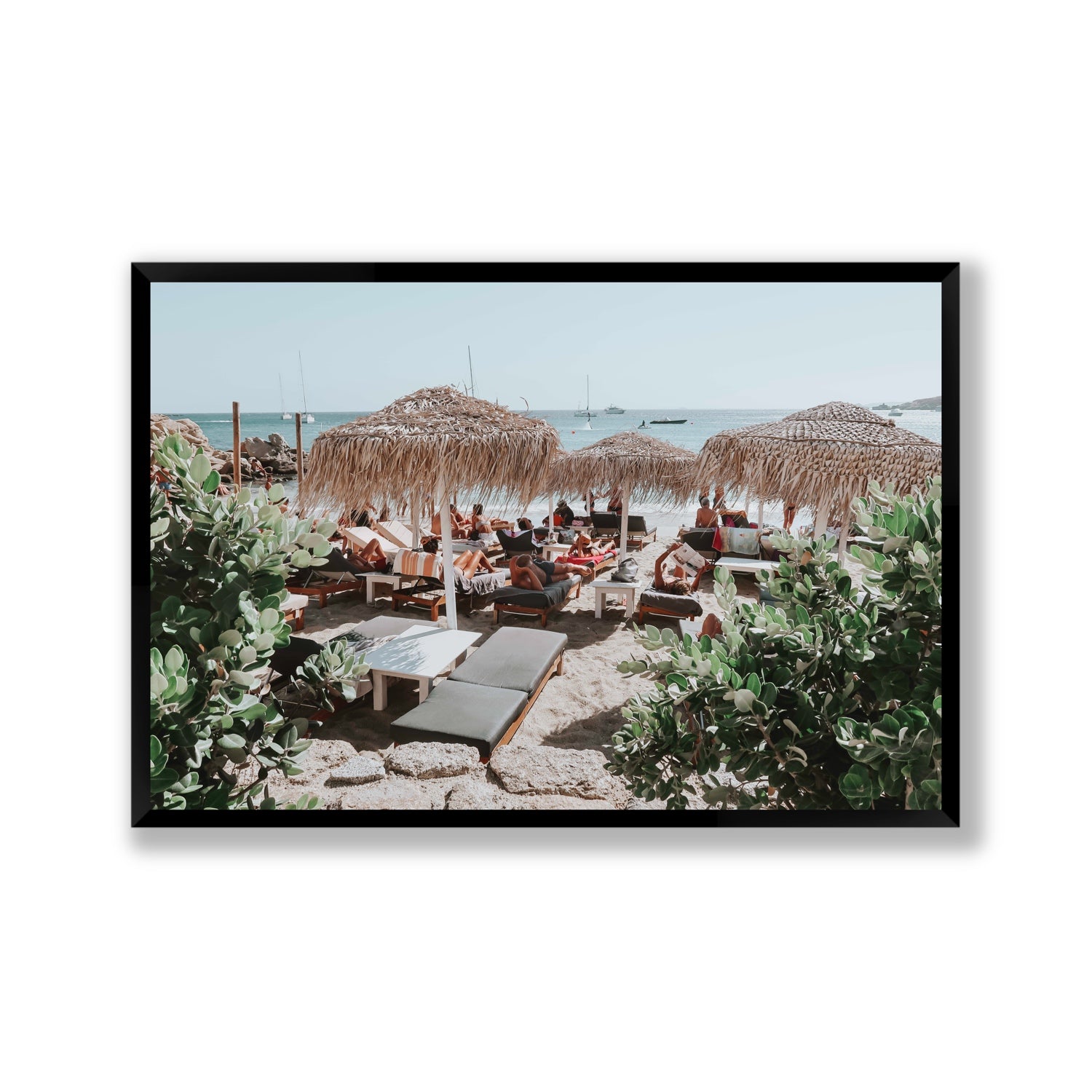 Greek Haven Mykonos Greek island coastal wall art Gallery full-bleed fine art print in black frame